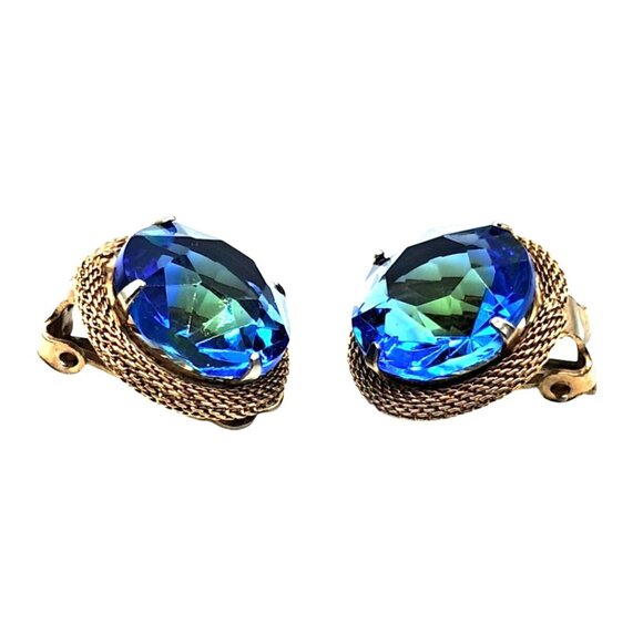 Vintage Rhinestone Jewelry Set Brooch Earrings Givre' or Sabrina Blue Green Glas - Picture 6 of 12